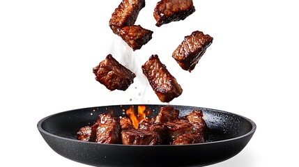 Tender roasted steaks falling into a frying pan with sizzling on white background