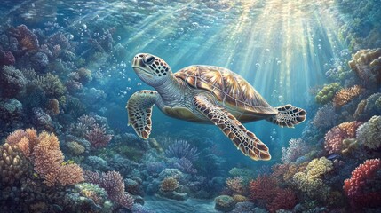 Obraz premium Majestic Sea Turtle Gracefully Navigating Vibrant Coral Reef