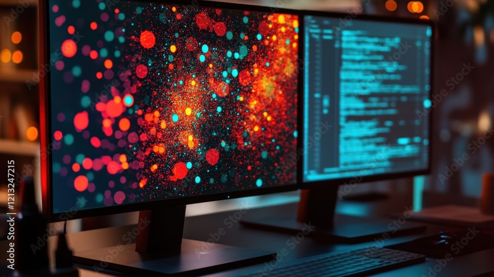 Poster two computer screens displaying code and colorful particles stand on a desk in a cozy, softly lit ro