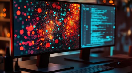 Fototapeta premium Two computer screens displaying code and colorful particles stand on a desk in a cozy, softly lit room, suggesting a software developer working late at night