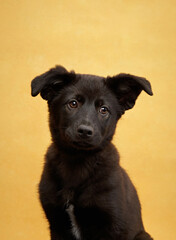 A black puppy poses for a headshot on a bright yellow background, looking curious and alert. The simple setup draws attention to the puppy's shiny coat and expressive eyes.