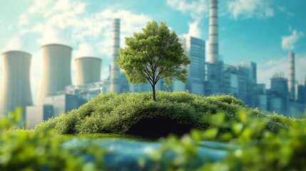 Obraz premium Modern power plant with tree, Green industry eco power for sustainable energy saving environmental plants