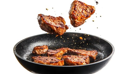 Hot roasted meat steaks falling into a frying pan sizzling on white background