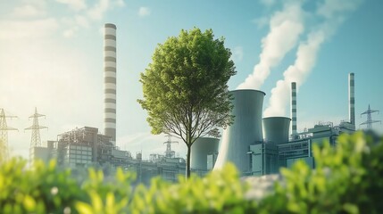 Modern power plant with tree, Green industry eco power for sustainable energy saving environmental plants
