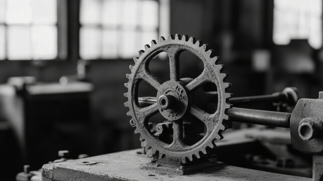 Close-up of a rusty, metal gear in an industrial setting.