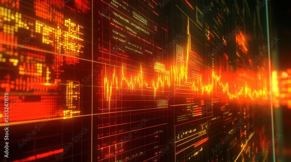 Poster growing orange stock market charts and data filling a computer screen with grids, illustrating a str