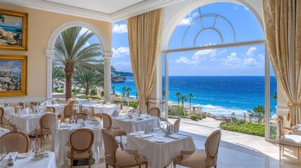 Obraz premium Elegant beachfront restaurant with ocean view, tables set for dining.