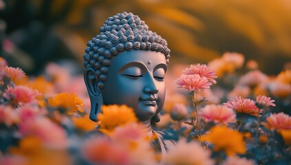 Tranquil Buddha Statue Amidst a Field of Flowers