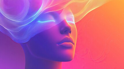 Surreal portrait of a woman in vivid neon light with ethereal waves