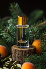 Minimalist perfume bottle with golden lid on a product podium surrounded by natural elements