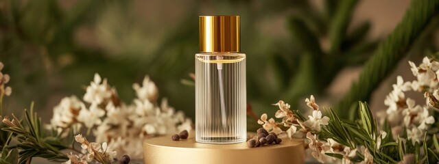 Minimalist perfume bottle with golden lid on a product podium surrounded by natural elements