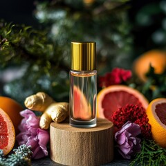 Minimalist perfume bottle with golden lid on a product podium surrounded by natural elements