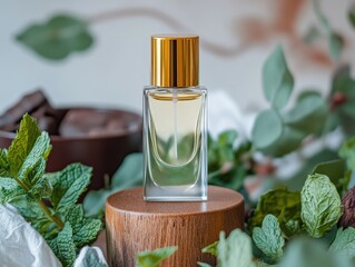 Minimalist perfume bottle with golden lid on a product podium surrounded by natural elements