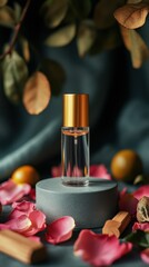 Minimalist perfume bottle with golden lid on a product podium surrounded by natural elements