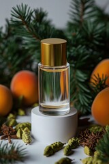 Minimalist perfume bottle with golden lid on a product podium surrounded by natural elements