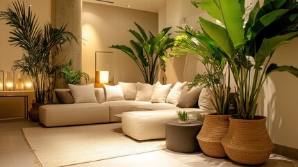 Serene Living Room Oasis: Luxurious Beige Sofa and Lush Tropical Greenery