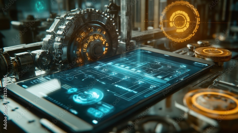 Poster Futuristic control panel with a digital tablet displaying complex data analysis, integrated seamlessly into an industrial environment, showcasing advanced monitoring and automation technology