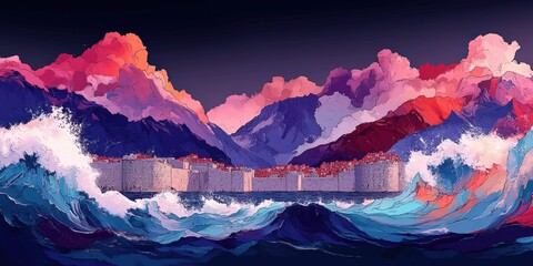 Stunning Coastal City Surrounded by Dramatic Ocean Waves and Vibrant Mountains at Twilight - Majestic Landscape Art with Dynamic Horizon and Sunset Colors