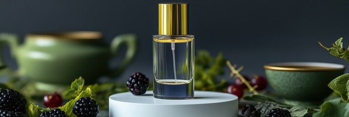 Minimalist perfume bottle with golden lid on a product podium surrounded by natural elements