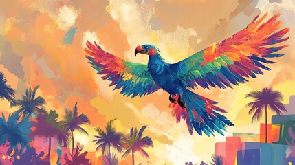 Fototapeta premium Vibrant parrot flying over tropical sunset with palm trees and colorful sky