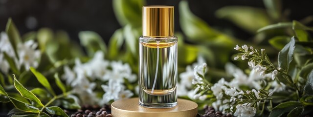Minimalist perfume bottle with golden lid on a product podium surrounded by natural elements