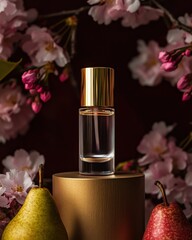 Minimalist perfume bottle with golden lid on a product podium surrounded by natural elements
