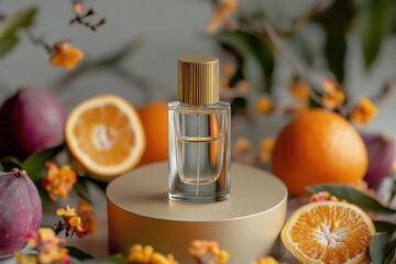 Minimalist perfume bottle with golden lid on a product podium surrounded by natural elements