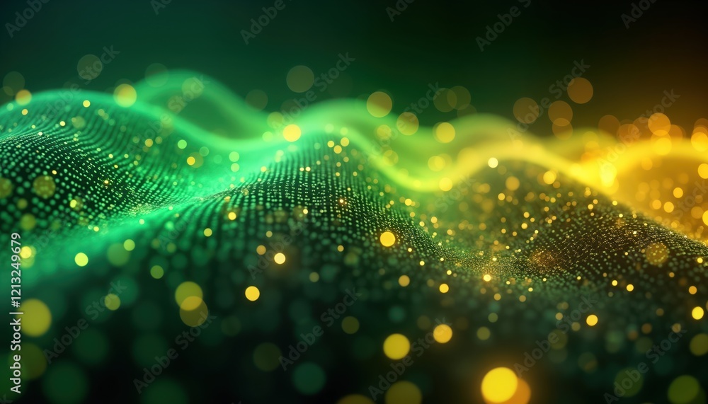 Poster abstract futuristic background displays vibrant glowing green, yellow neon wave lines, bokeh lights.