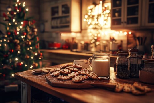 Cozy Christmas kitchen cookies, milk, tree