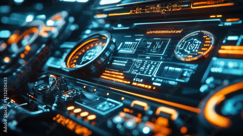 Poster futuristic cockpit interface displaying various data points and controls, illuminated by vibrant ora
