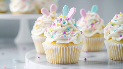 Festive cupcakes decorated with pastel colored sprinkles, fondant bunny ears. Joyful celebration of Easter