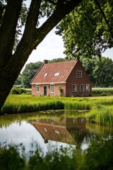 Obraz premium Charming red house nestled by a serene pond surrounded by lush greenery in a tranquil countryside setting during a clear day