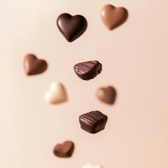 Heart shaped chocolate levitation. Valentine Day romantic treat. Valentine's day snacks made from chocolate.