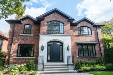 Obraz premium Nestled in a peaceful neighborhood, this elegant brick house boasts large windows and a warm, inviting entrance, radiating charm on a bright, sunny day