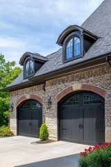 In a peaceful suburban neighborhood bathed in sunlight, this elegant brick garage features beautiful arched doors and timeless classic windows