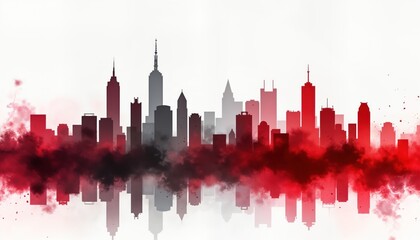 Obraz premium Dramatic red city skyline illustration. Silhouettes of buildings reflect in hazy atmosphere. Urban design with skyscrapers. Night view sunrise. Powerful visual art piece perfect for business