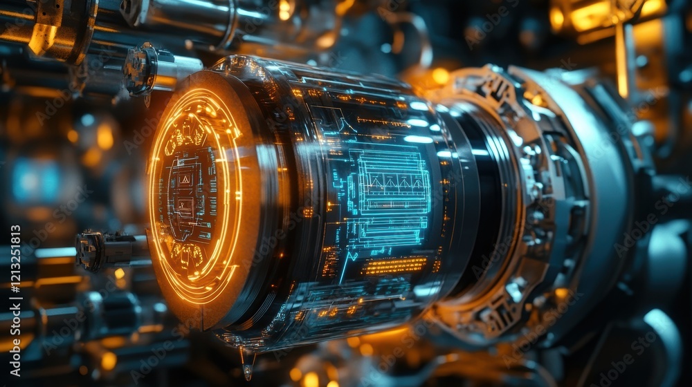 Poster complex futuristic engine displaying holographic data and intricate details, suggesting advanced tec
