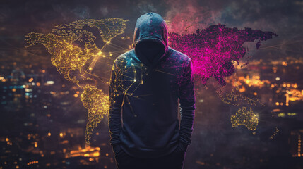 Naklejka premium Hacker are planning to hack and attack networks and cyber security systems.team people innovation connection of line from nail node to node on map background , networking concept