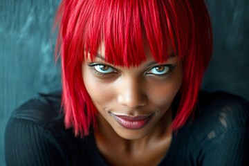 Fototapeta premium Stunning smiling black girl - for ads, media and social social media ad use. Commercial promotion conceptual art art. Short trim - red hair. Colored short hair. Model campaign ads.