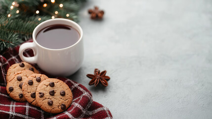 A cozy Christmas setup with mulled wine, chocolate chip cookies, and festive decor