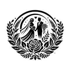 Elegant Black and White Wedding Silhouette with Floral Wreath. Romantic Couple, Classic Design, Perfect for Wedding Invitations and Decorations.
