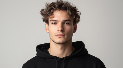 Obraz premium A portrait of an attractive young man with wavy hair, wearing casual clothes and standing against a neutral background. He is looking directly at the camera, black hoodie.