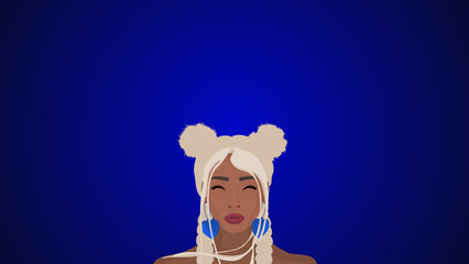 Beautiful Woman with White Hair on Dark Blue Background