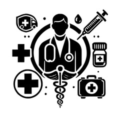 Medical professional, healthcare, and wellness: A symbolic illustration of a doctor, medical tools, and symbols representing health, care, and treatment.