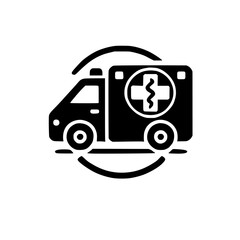 Emergency Medical Transport: Ambulance Icon Graphic. Simple black and white design, perfect for websites, apps, and presentations related to healthcare, emergency services, and rapid response.
