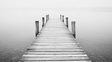 Monochrome photo of a wooden pier extending into a foggy lake.
