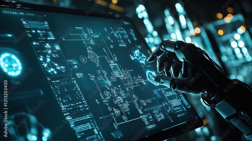 Aufkleber robotic arm manipulating a complex, futuristic interface filled with technical schematics and data v