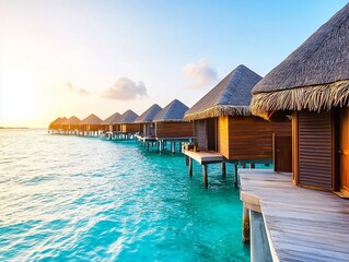 Overwater bungalows at sunrise, tropical ocean, vacation.