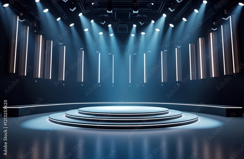 Poster empty dark stage with modern lighting. circular platform with steps. blue light beams highlight stag