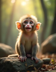 Naklejka premium Adorable Baby Monkey in a Forest Setting
